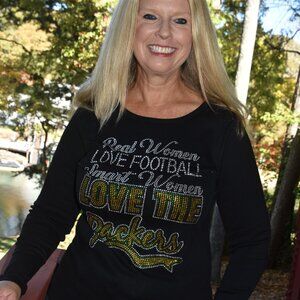 Packers   Real Women Love Football rhinestone bling long sleeve shirt XS S…
